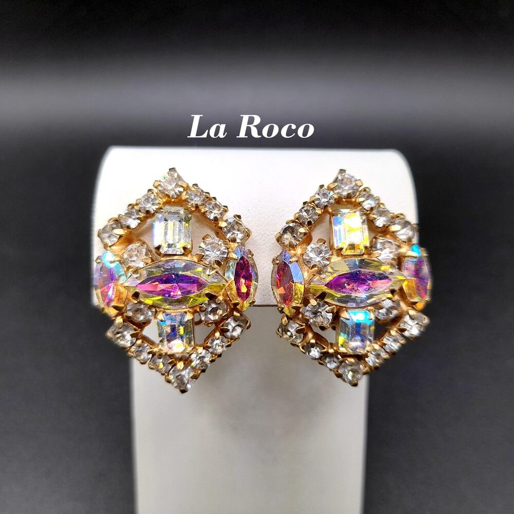 LaRoco Aurora Borealis Clip Earrings, Designer Gold Plated 1960s Vintage Jewelry
